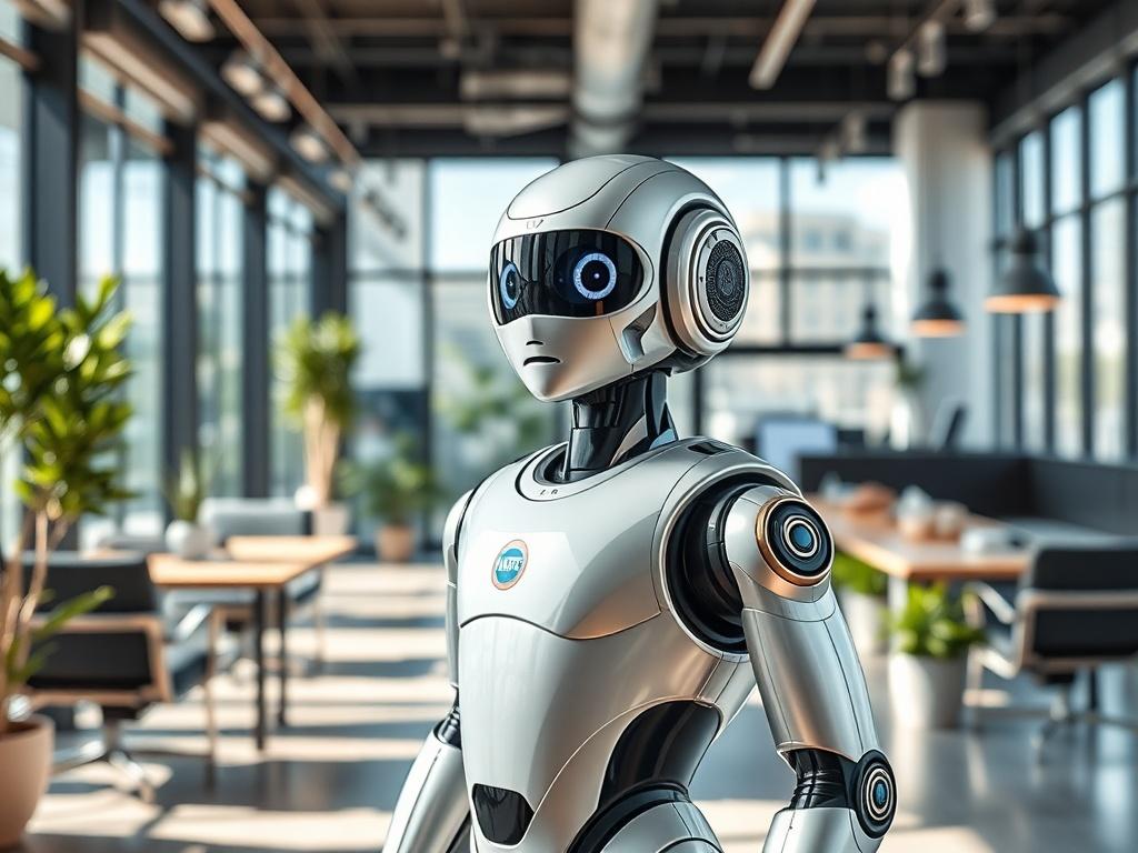 Generate a highly detailed, realistic high-resolution photo that visually represents a blog titled "Automating Your Overhead Through AI Agents." The composition should be simple and clear, focusing on a single subject. 

Subject: Feature a modern, sleek AI robot standing confidently in a bright, open office environment. The robot should have a friendly, polished appearance, with a shiny metallic finish and humanoid features that suggest intelligence and efficiency. 

Background: The office should be contemp