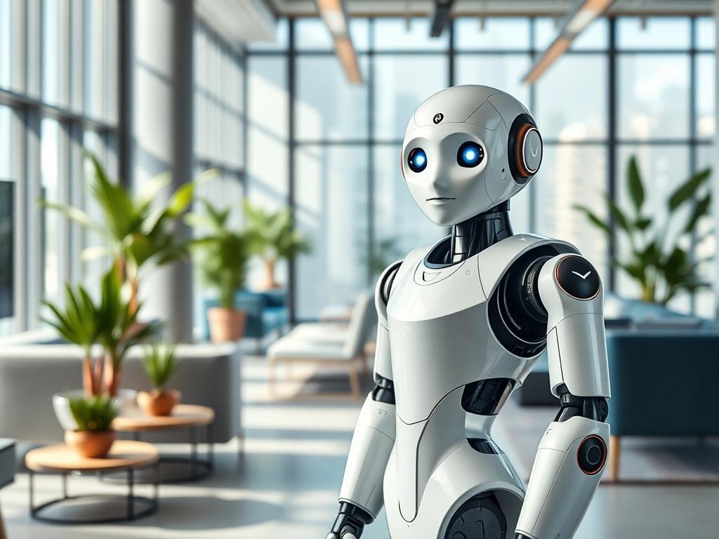 Create a realistic high-resolution photo that visually represents the theme of "What AI Employees Can Do for Your Business Right Now." The composition should feature a single subject: a professional-looking humanoid robot, designed to appear friendly and approachable, standing confidently in a modern office environment. The robot should have humanoid features, with a sleek metallic body and expressive LED eyes that convey intelligence and engagement.

In the background, depict a bright, airy office space fe