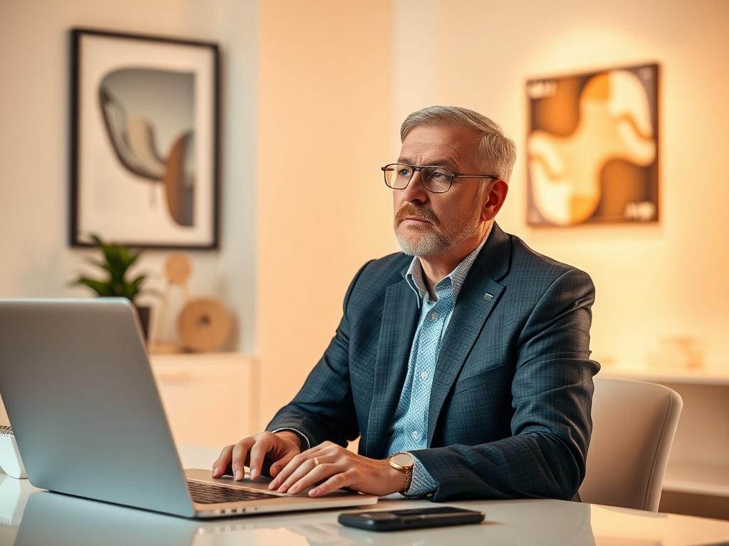 Create a realistic high-resolution photo representing the theme of the blog post titled "Are You Losing Business Without AI Agents." The composition should be simple and clear, featuring a single subject: a business owner, a middle-aged professional, sitting at a modern desk in a bright office environment. 

The subject should display a contemplative expression, looking thoughtfully at a laptop screen displaying AI interface visuals, suggesting the potential of AI technology in their business. The office ba