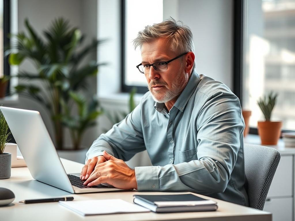 Create a realistic high-resolution photograph depicting a thoughtful business owner seated at a modern office desk, contemplating AI automation for their business. The subject is a middle-aged person, looking directly at a sleek laptop, where the glow of the screen subtly illuminates their face, emphasizing curiosity and contemplation. The background features a clean, minimalist office space adorned with potted plants and natural light streaming through a large window, creating a serene and productive atmos