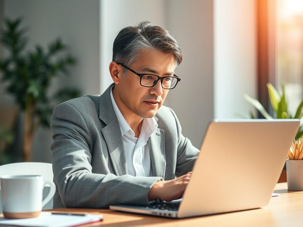 **Prompt for AI Image Generator:**

Create a highly realistic, high-resolution close-up image featuring a focused, professional-looking small business owner sitting at a modern desk, working intently with a laptop. The subject should be a middle-aged person with a confident expression, dressed in smart business attire, reflecting the professionalism of small business owners. The background should be softly blurred to maintain clarity on the subject and create a sense of depth, featuring a well-organized wor