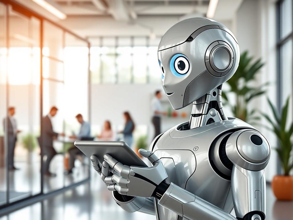 Create a realistic high-resolution image that effectively represents a blog post titled "Let AI Employees Take the Lead for Your Leads." The focal point should be a modern, sleek AI robot standing confidently in a bright, professional office setting. The robot should have a humanoid appearance, featuring a polished metallic finish and expressive, friendly LED eyes to convey approachability and efficiency. The robot should be positioned slightly off-center, with a thoughtful expression, as if it is analyzing