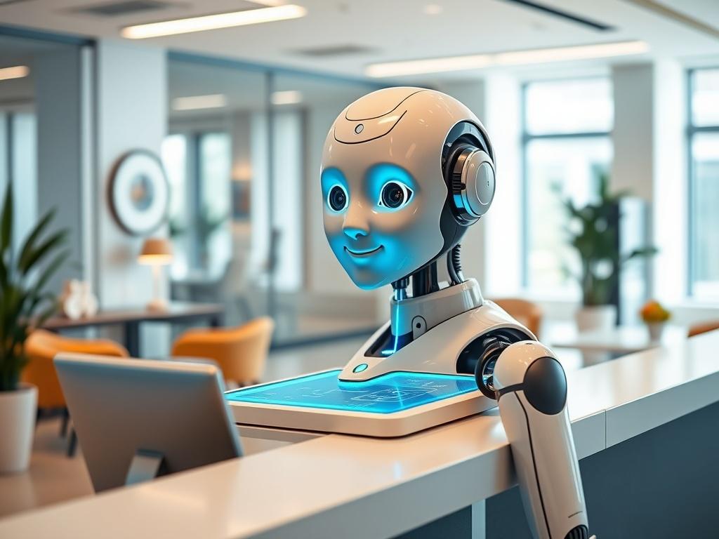 Create a realistic high-resolution photo featuring a single AI receptionist in a modern office environment, specifically designed to reflect the theme of the blog "All It Takes Is 1 AI Receptionist To Boost Sales." The AI receptionist should have a sleek and futuristic design, with a friendly and engaging expression. Position the receptionist at a stylish, minimalist reception desk that showcases advanced technology, such as a holographic interface or digital display.

In the background, depict a bright and