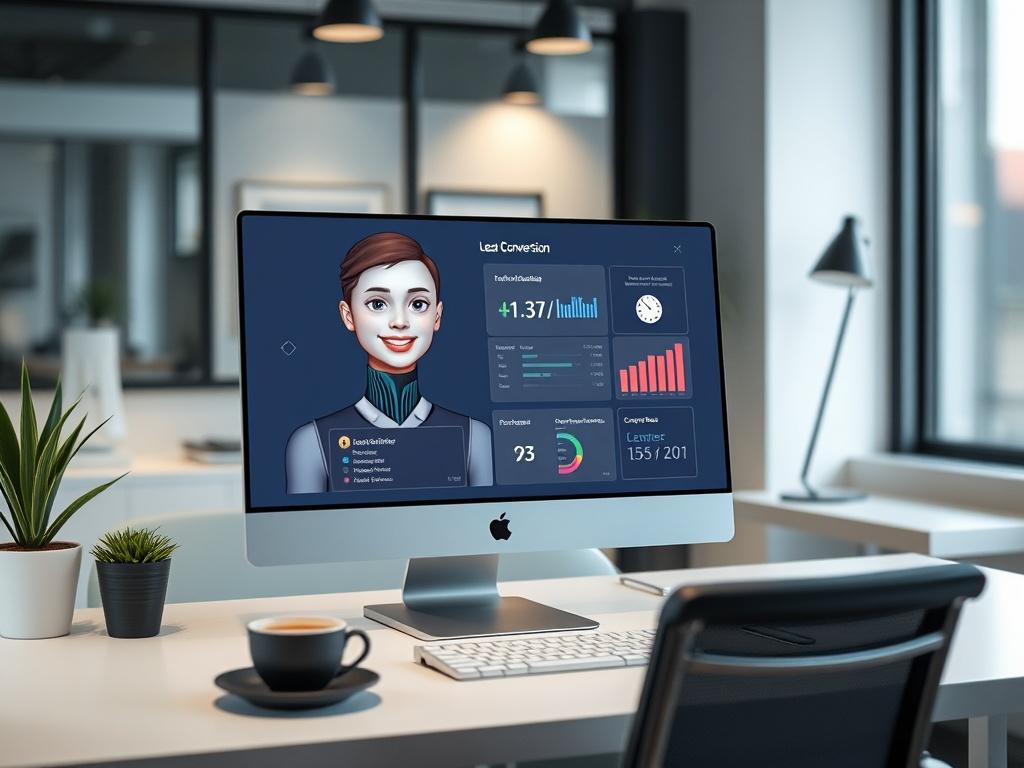 Create a realistic high-resolution photo that encapsulates the theme of the blog post titled "From Leads to Bookings: How AI Agents Convert Customers Automatically." The image should have a simple and clear composition, focusing on a single subject to convey the essence of AI in customer acquisition. 

Subject matter: Depict a professional-looking AI virtual assistant on a sleek computer screen, showcasing an engaging user interface that highlights lead conversion metrics. The AI assistant should have a hum
