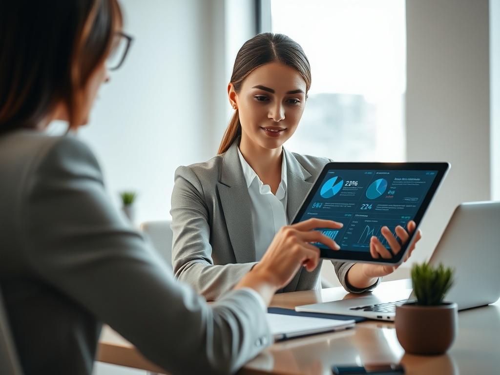 Create a highly detailed, realistic high-resolution photo that captures the essence of a single AI agent simplifying business operations. The image should feature a female business professional, confidently interacting with an advanced AI interface displayed on a sleek, modern touchscreen tablet. The subject should be depicted as engaged and focused, visibly analyzing data and insights while sitting at a contemporary office desk. 

The background should be minimalist, showcasing a well-organized desk with a