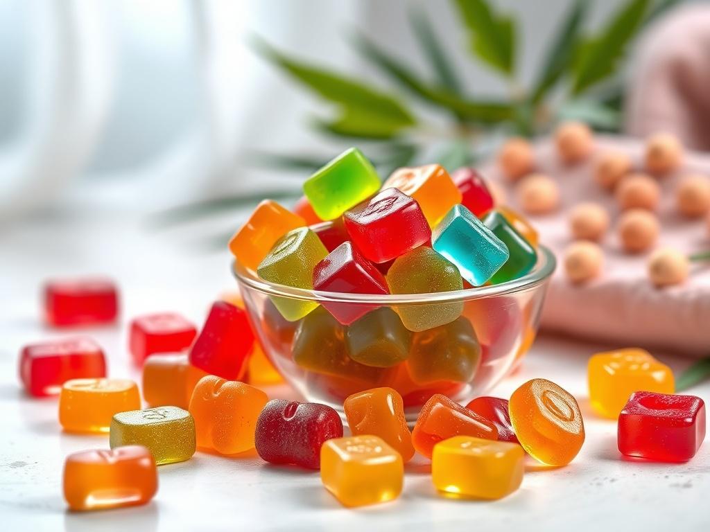 A realistic high resolution of colorful CBD gummies displayed in