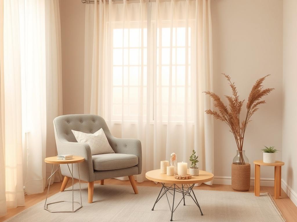 A serene and peaceful therapy room with soft lighting, featuring a comfortable armchair and a small table with calming objects like candles and crystals. The background shows a window with gentle curtains letting in soft natural light, creating a warm atmosphere that conveys safety and trust.