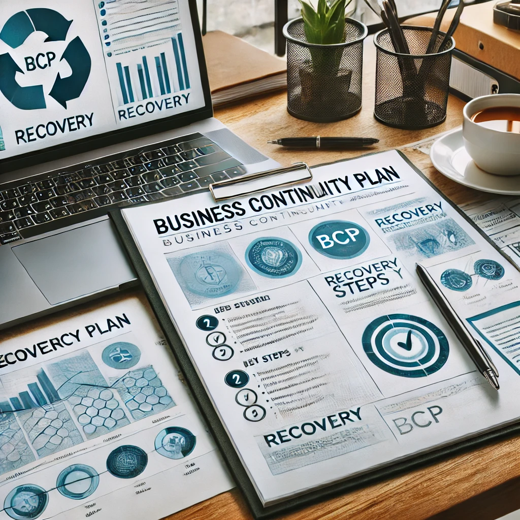 dall·e 2025-02-19 21.13.47 - a professional office workspace featuring a business continuity plan (bcp) document on a desk. the document is open, showing a structured checklist wi.webp