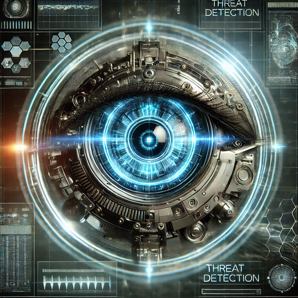 dall·e 2025-02-19 21.35.04 - a futuristic robotic eye, glowing with a neon blue light, scanning a digital landscape for cyber threats. the eye is highly detailed, featuring intric.webp