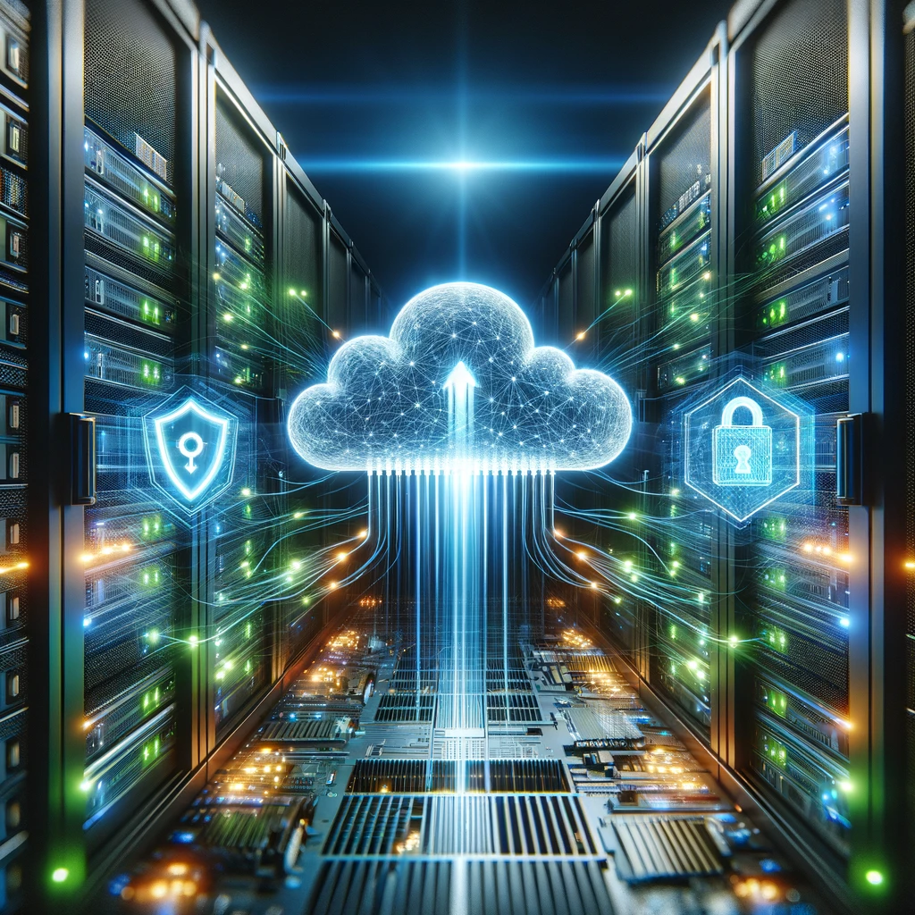 dall·e 2025-02-20 00.36.23 - a close-up of server racks with glowing connections leading to a dynamic cloud. the cloud is protected by digital shields and encryption icons, symbol.webp
