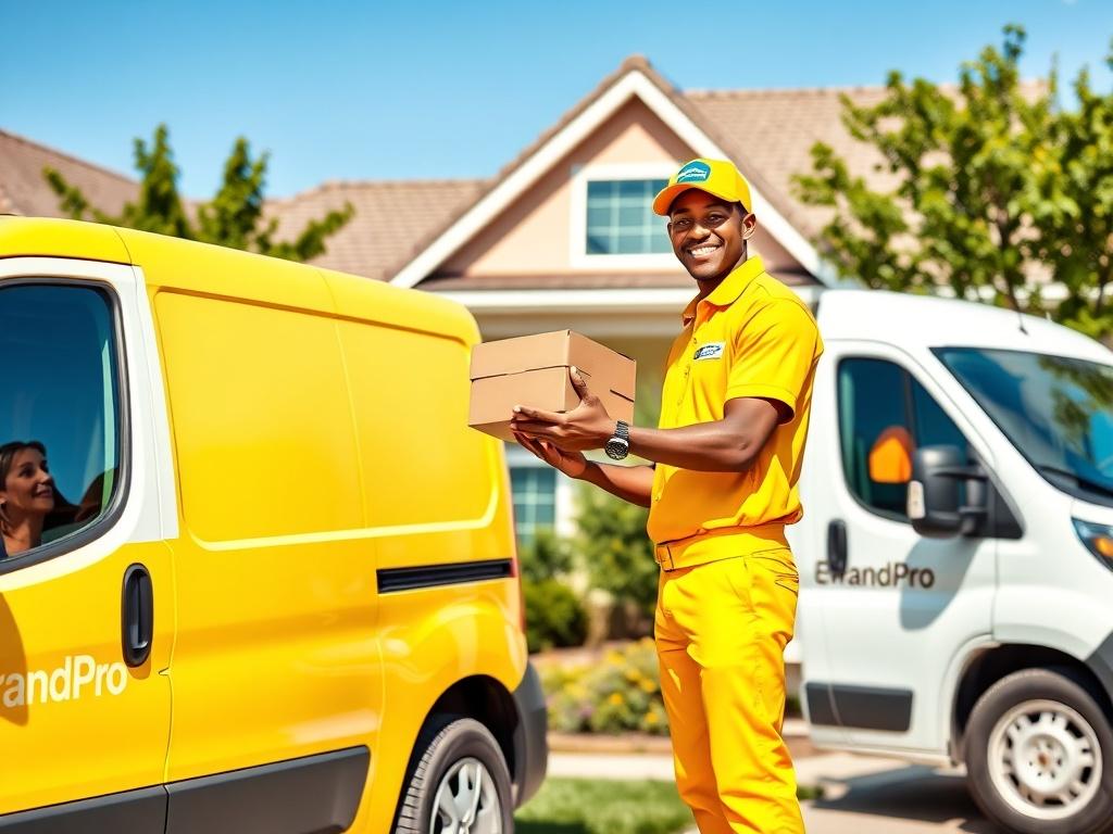 A high-resolution image of a smiling delivery person in a bright yellow uniform, standing beside a delivery van with the ErrandPro logo. The delivery person is handing a package to a happy customer at their front door. The background features a well-kept suburban home with lush greenery, under a clear blue sky, creating an inviting and cheerful atmosphere.