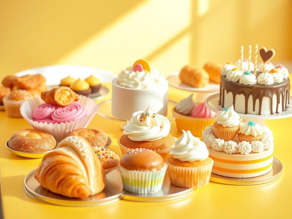A high-resolution photo of an assortment of freshly baked pastries, including fluffy croissants, colorful cupcakes, and elegant celebration cakes, beautifully arranged on a bright yellow table. The background should be softly blurred to emphasize the pastries, with warm natural light illuminating the scene, creating an inviting and cheerful atmosphere. The overall color palette should highlight bright yellow and white tones, enhancing the fresh and energetic mood suitable for a delivery service.