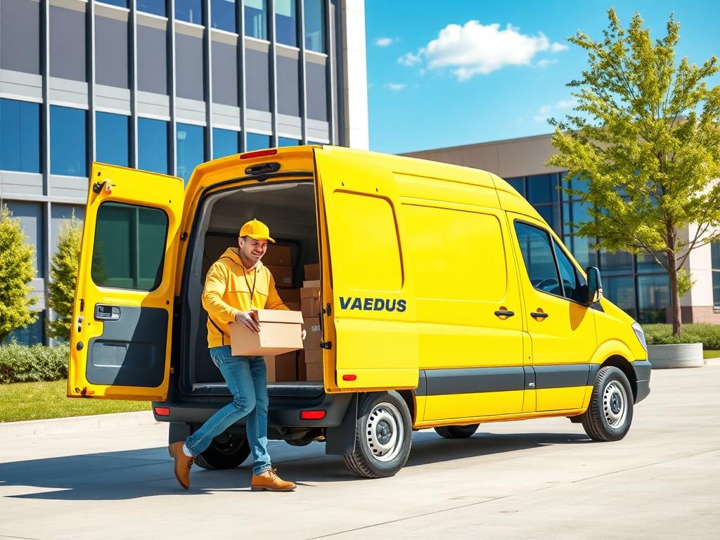 A cheerful delivery person loading packages into a bright yellow