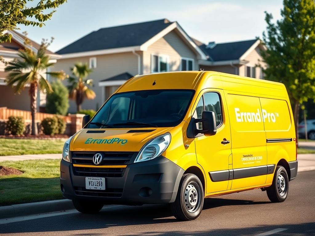 A bright yellow delivery van parked in a suburban neighborhood