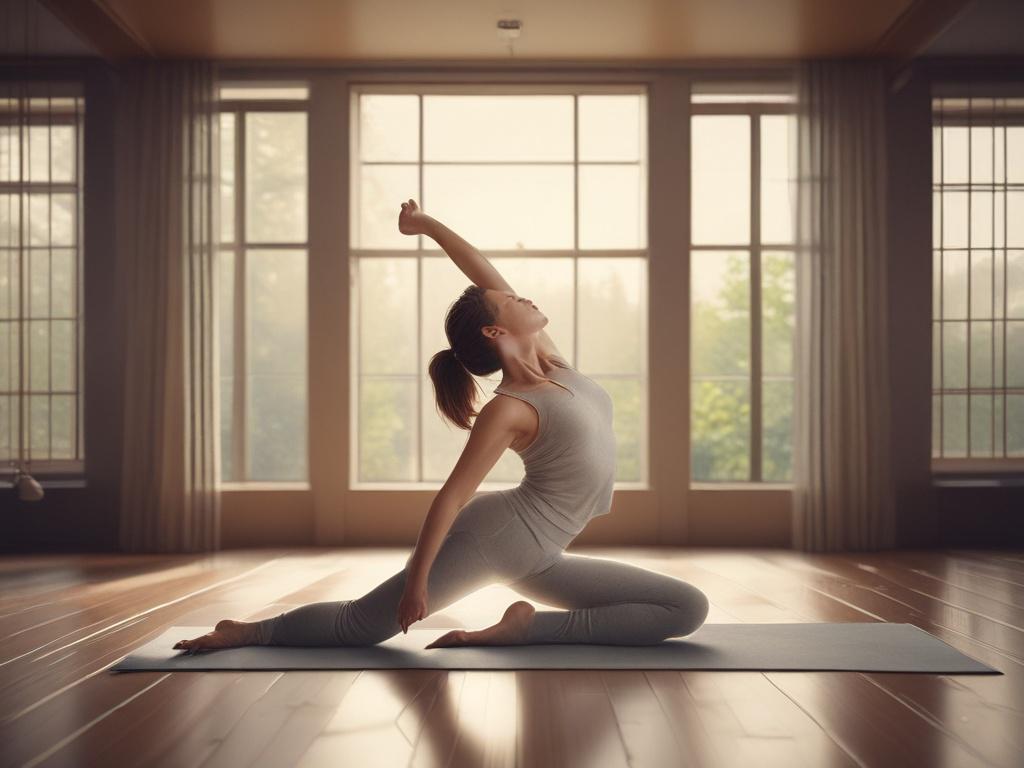 **Prompt for AI Image Generation:**

Create a realistic high-resolution photo titled "Finding Balance in a Busy World." The image should feature a serene female yoga practitioner in a tranquil setting, performing a graceful yoga pose, such as the Warrior II position, to symbolize strength and balance. The subject should be positioned slightly off-center to create a sense of movement and flow. 

The background should consist of a softly lit, serene space that evokes peace and tranquility—imagine a bright, ai