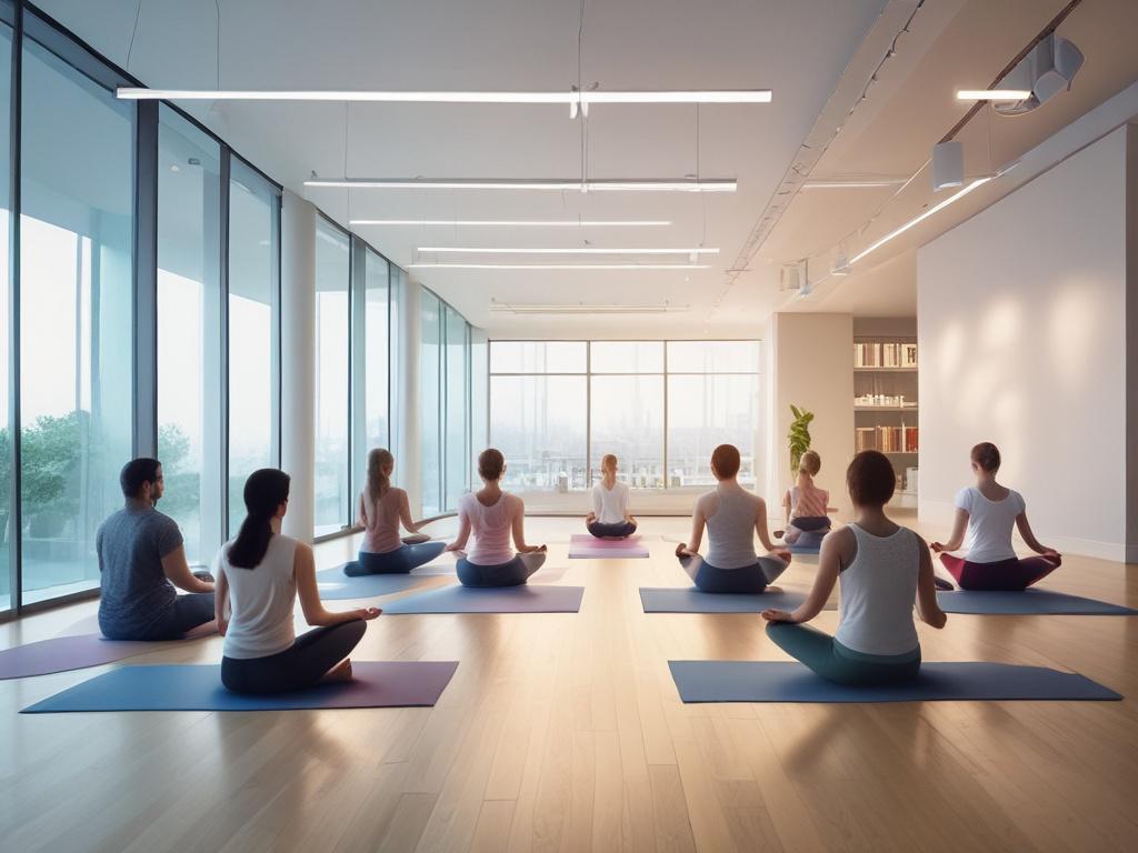 A corporate wellness yoga session in a modern office space,