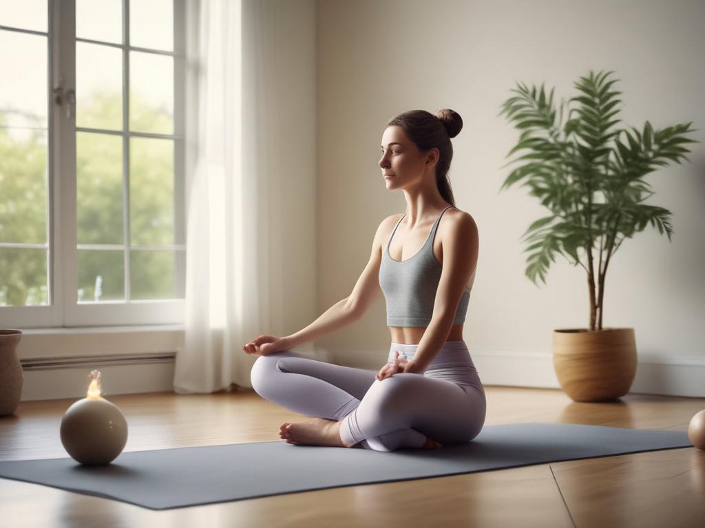 A serene home yoga setting, featuring a single individual practicing