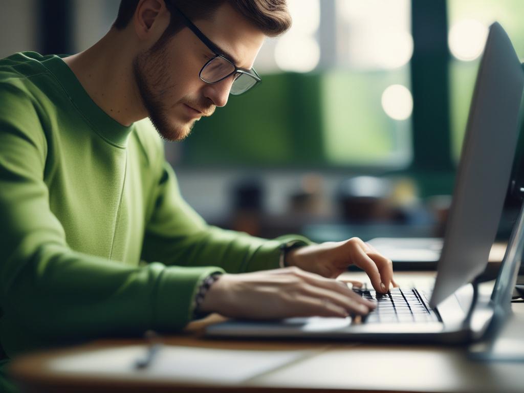 A hyper-realistic close-up shot of a content creator working on a laptop, typing intensely with focused expression. The background is softly blurred, featuring green tones matching rgb(50, 170, 39). The setting is modern and clean, emphasizing creativity and concentration.