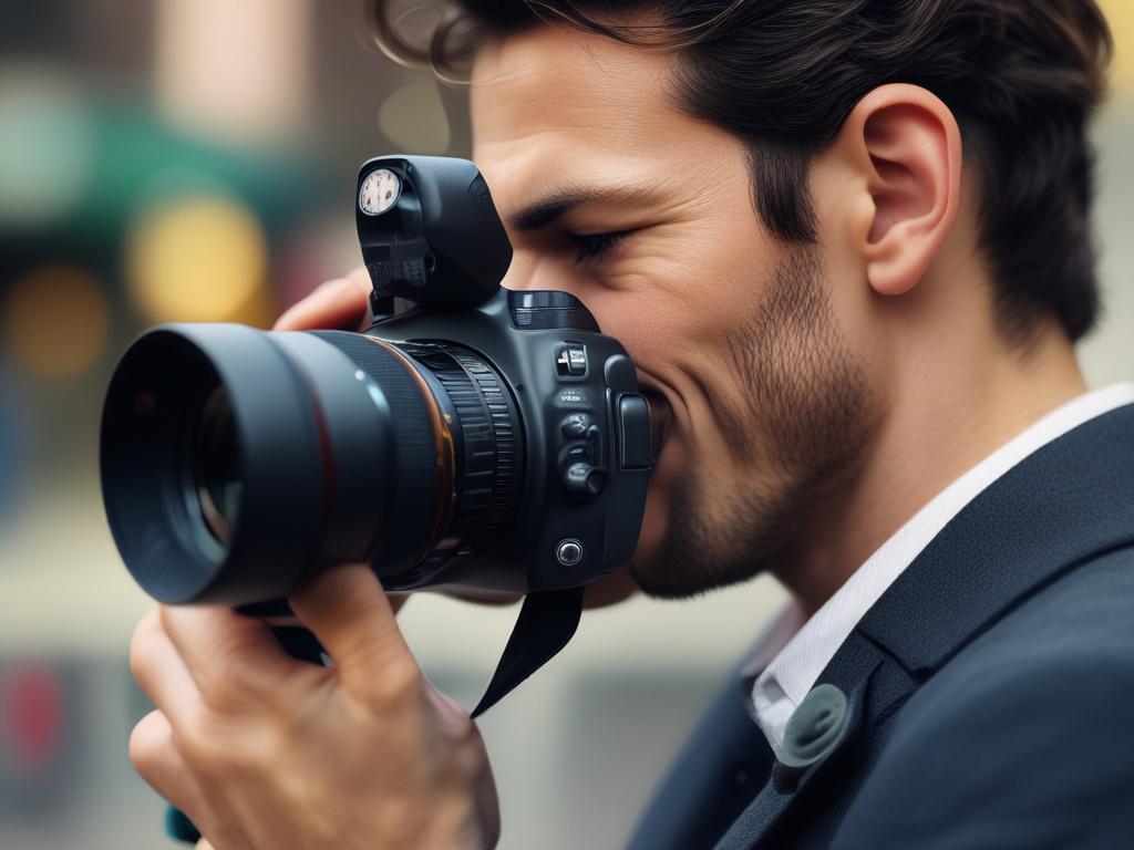 A hyper-realistic close-up shot of a professional photographer capturing an event with a 45mm f/1.2 lens. The photo focuses on the camera and the photographer’s hands adjusting settings. The background shows blurred people enjoying an event, rendered in high resolution with a clear focus on the camera. The image uses the rgb(50, 170, 39) primary color subtly in the camera interface or ambient lighting.