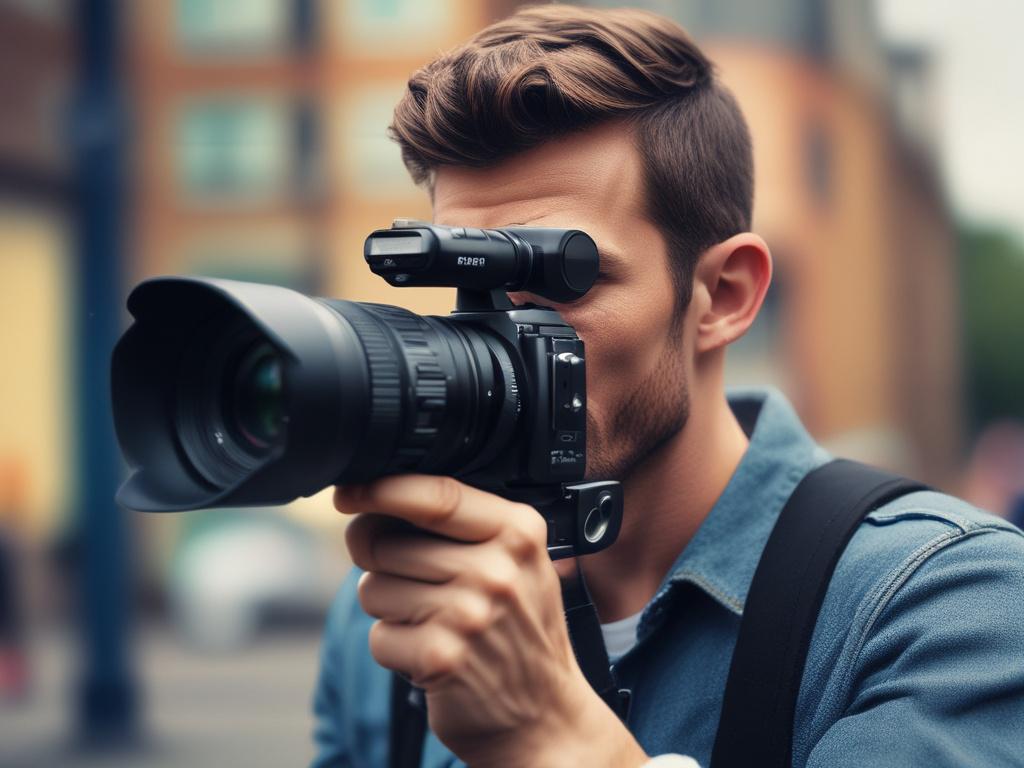 A hyper-realistic close-up shot of a videographer holding a professional video camera with a 45mm f/1.2 lens, capturing an event. The background shows softly blurred guests in motion, with green tones matching rgb(50, 170, 39) subtly incorporated in lighting or camera details.