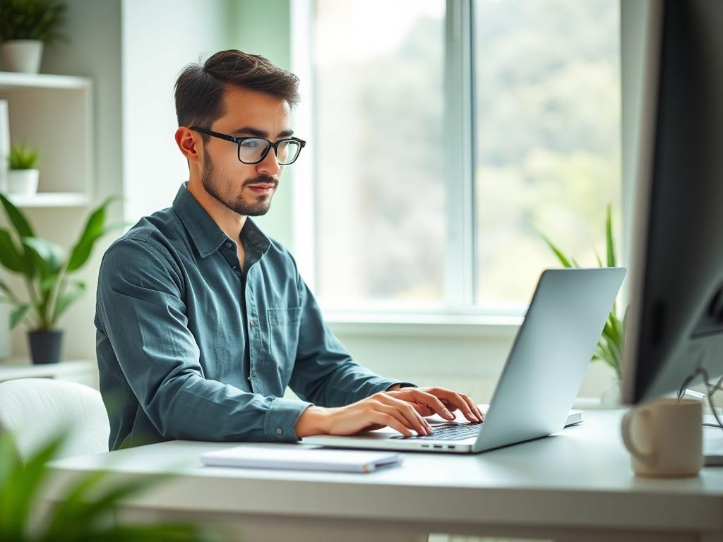 A realistic high-resolution photo of a calm and focused IT professional working on a laptop at a clean and green workspace. The setting features soft natural lighting and a soothing palette of greens and whites, evoking a sense of reliability and simplicity. The composition is simple and clear, with the professional the only subject in the image.