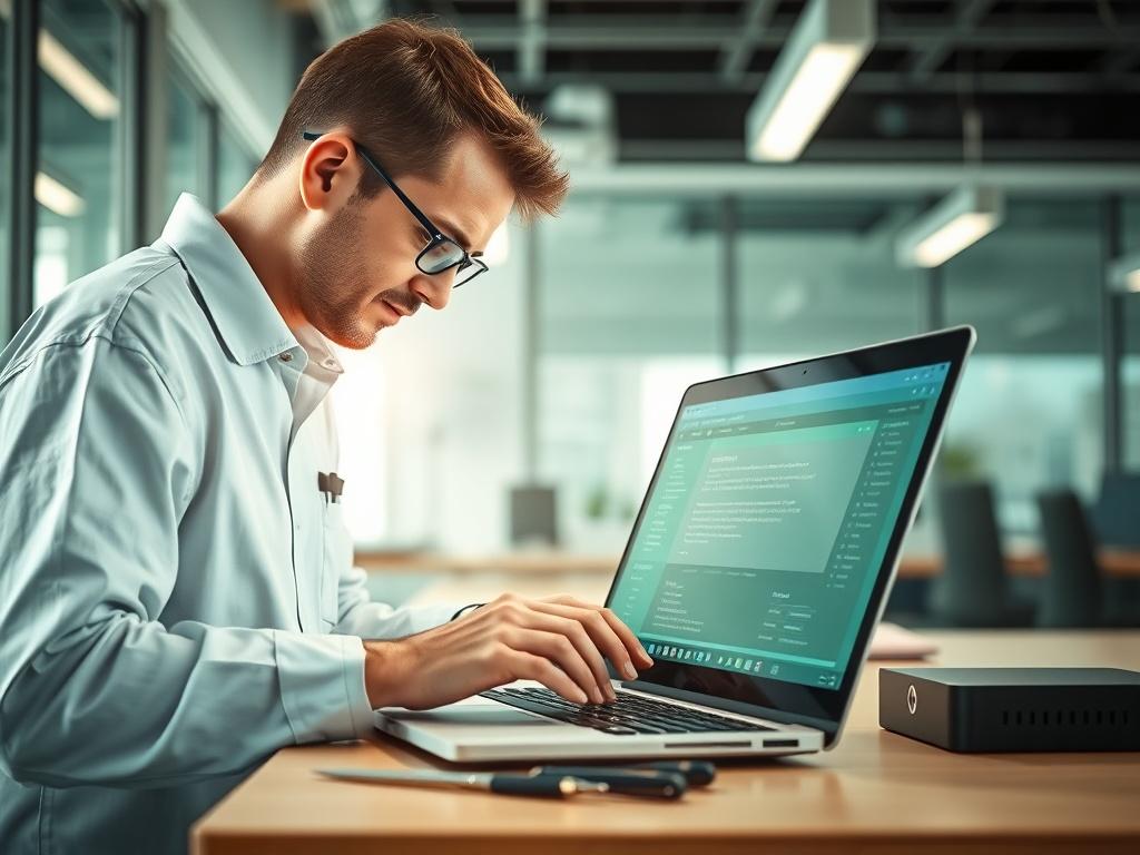 A technician repairing a laptop in a modern office setting. The scene should be well-lit, showcasing the technician working diligently with tools in hand. The background should feature a clean workspace with a soothing palette of greens and whites, emphasizing reliability and simplicity. The laptop should be open, displaying a diagnostic screen. The overall composition should evoke a sense of professionalism and efficiency.
