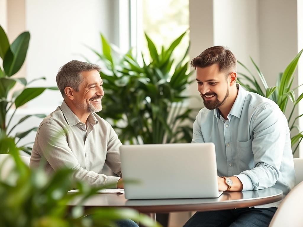 A friendly IT consultant meeting with a small business owner in a cozy office environment. The scene should reflect a collaborative atmosphere, with green plants in the background and natural light illuminating the space. The consultant should be explaining IT solutions on a laptop, emphasizing personalized service and support for small businesses.