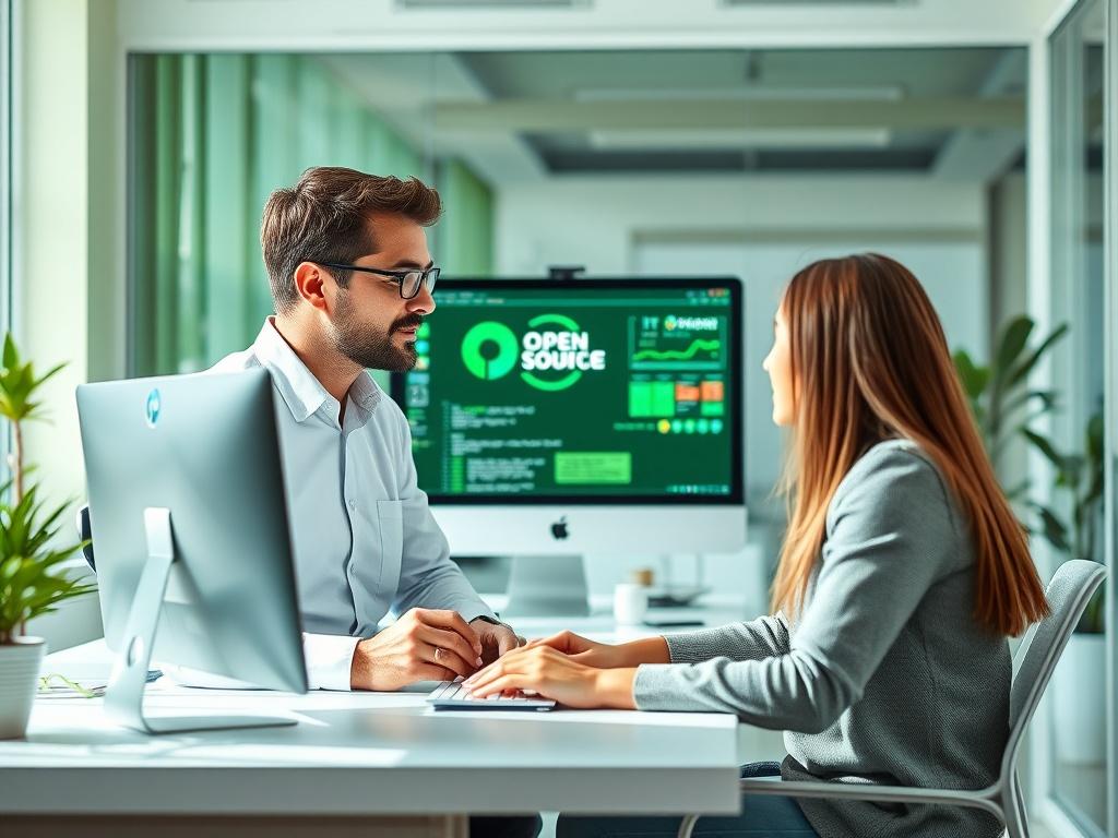 An IT professional discussing open-source software with a client in a bright and modern office space. The setting should have a clean aesthetic with green and white tones, featuring a computer screen displaying open-source software. The composition should highlight collaboration and innovation, showcasing the professional's expertise and the client's engagement.