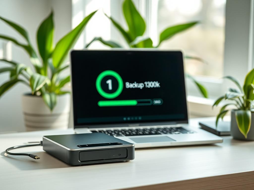 A clean and organized workspace featuring an external hard drive