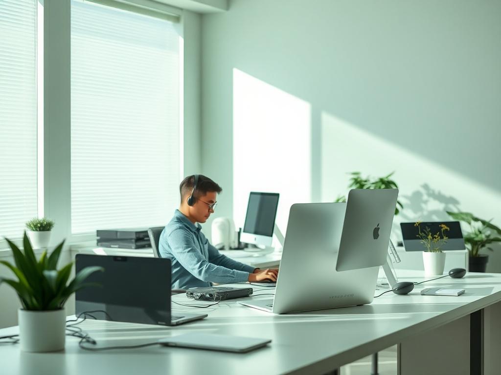 A serene office environment featuring a single IT support technician working diligently at a desk. The technician is focused on a laptop, surrounded by modern tech gadgets and a calming green and white color palette. Soft natural lighting floods the space, providing a sense of tranquility and reliability. The background is uncluttered, emphasizing simplicity and professionalism.