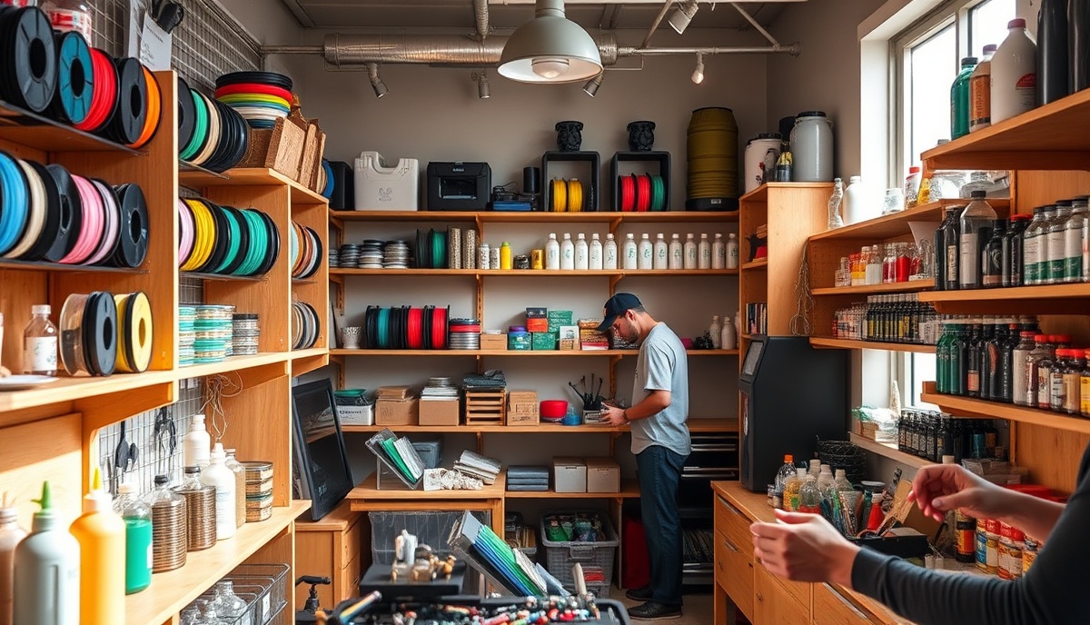 Warm, inviting B33D Printing shop interior with colorful filament spools and resin bottles on wooden shelves, hands working with materials