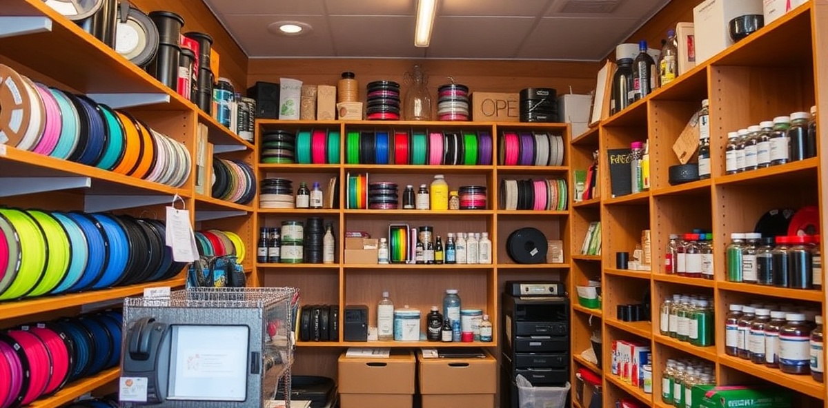 B33D Printing cozy 3D printing supply shop with colorful filament and resin bottles