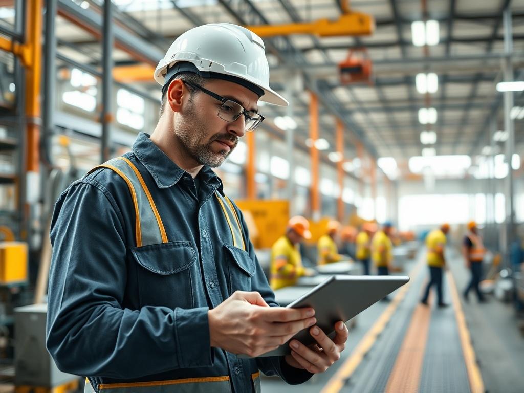 An engineer analyzing production processes on the factory floor, using