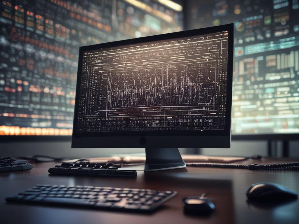 A close-up shot of a computer screen displaying complex AI algorithms and code. The screen is illuminated, reflecting the intricate details of the programming. In the background, a programmer is focused on their work, with digital tools and data visualizations surrounding them. The lighting is dynamic, highlighting the technology and innovation involved in AI engineering.