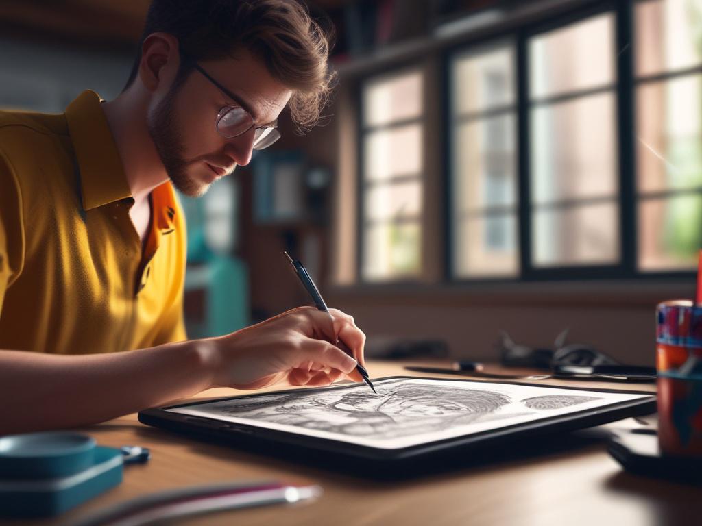 A close-up shot of a digital artist working on a tablet, creating a vibrant piece of digital art. The artist's hands are skillfully drawing on the tablet, surrounded by colorful sketches and digital tools. The background is softly blurred to emphasize the artist and their work. The lighting is warm and inviting, creating a creative atmosphere, with a focus on the artist's expression of concentration and passion.