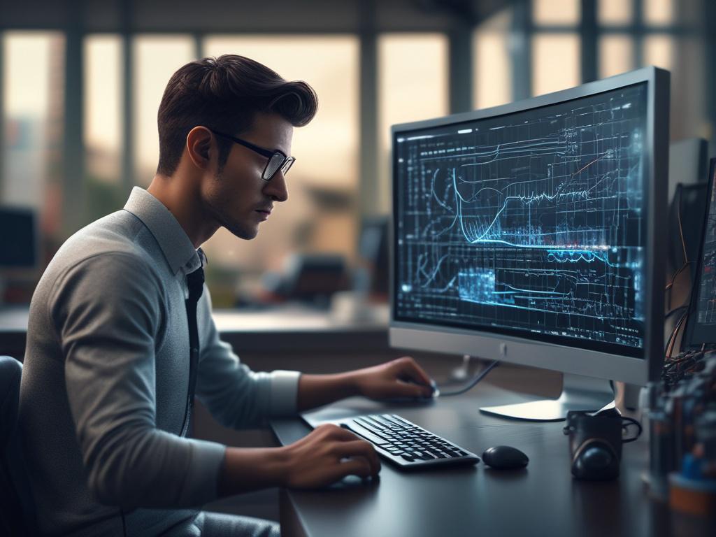 A hyper-realistic close-up shot of a computer screen displaying complex AI algorithms, with a focused engineer analyzing the data. The background features a modern tech workspace with high-tech gadgets and screens, creating an atmosphere of innovation. The RGB color (50, 170, 39) is subtly incorporated in the design elements around the workspace.