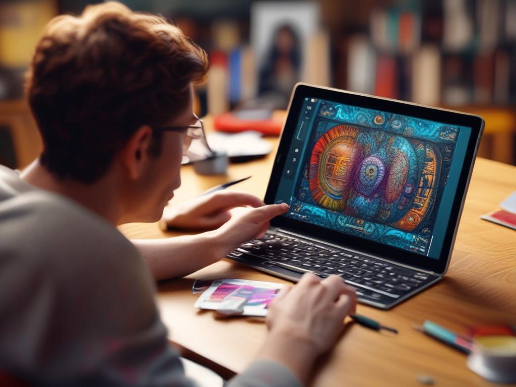 A hyper-realistic close-up shot of a digital artist working on a tablet, showcasing vibrant colors and intricate details on the screen. The background is softly blurred to emphasize the artist's focused expression and the colorful artwork coming to life. The lighting is bright and inviting, capturing a creative workspace atmosphere.