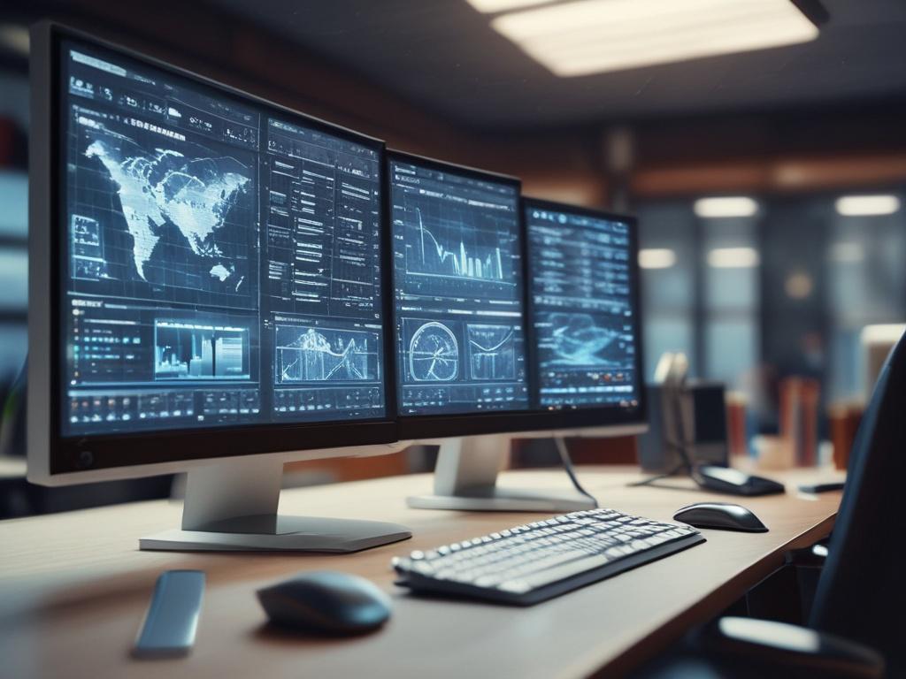 A hyper-realistic close-up of a computer screen displaying complex AI algorithms and data analytics. The background shows a blurred office environment, with soft lighting that highlights the screen's vivid graphics and the focus of a professional analyzing the data. The atmosphere is one of innovation and technology.