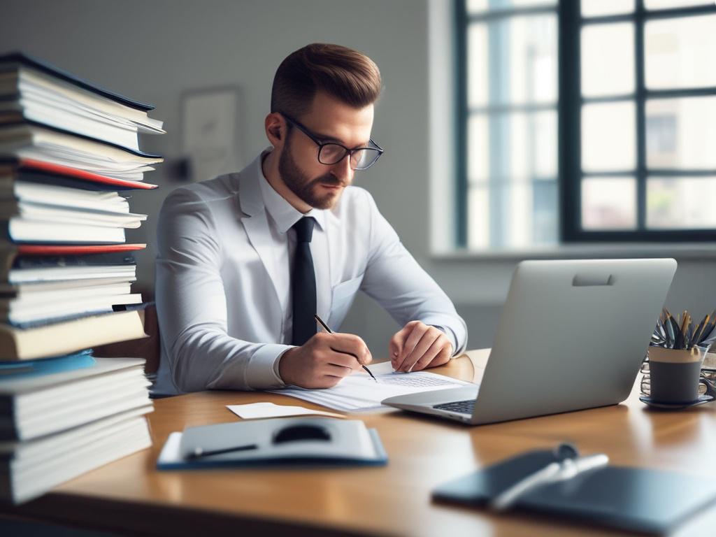 realistic high resolution of a focused entrepreneur working at a