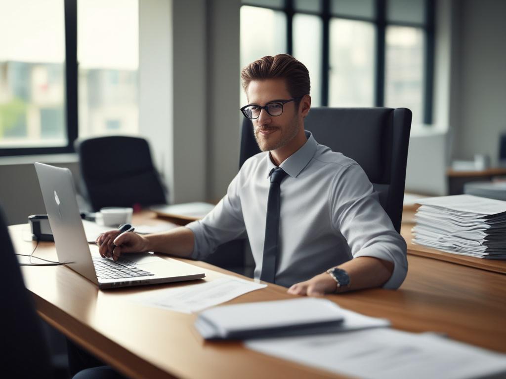 A professional HR consultant sitting at a desk with a laptop, reviewing resumes and employee profiles, in a modern office environment. The scene should be well-lit and feature a clean, organized workspace with a focus on the consultant's engaged expression. The background should be blurred to emphasize the subject, capturing the essence of efficient HR management.