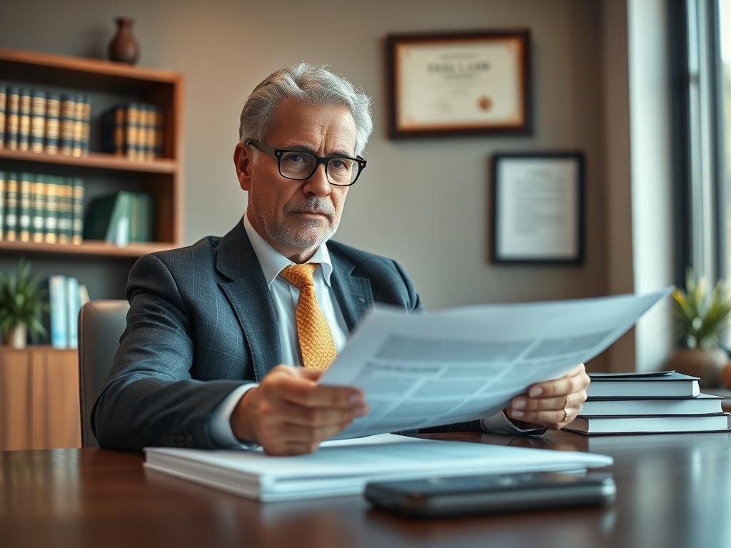 Create a hyper-realistic high-resolution photo featuring a drug crime lawyer in a modern, professional office setting. The lawyer, a middle-aged individual with a confident demeanor, should be seated at a sleek wooden desk, examining legal documents related to drug possession cases. The focus should be clearly on the lawyer's engaged expression, capturing a moment of contemplation or discussion, emphasizing their role in challenging assumptions surrounding drug possession.

In the background, incorporate el