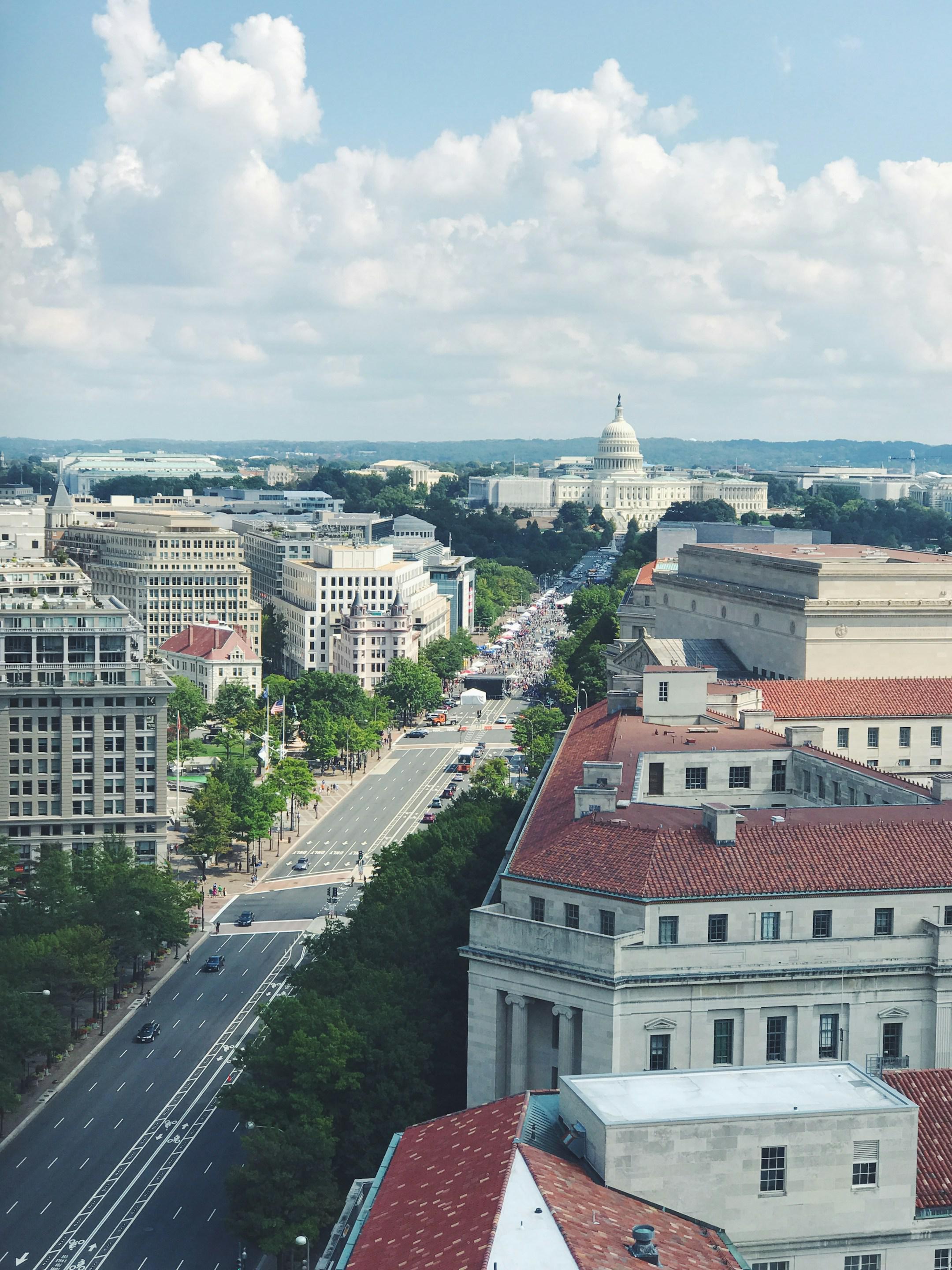View from above to Washington DC, US Capitol Building. Constitution Avenue.