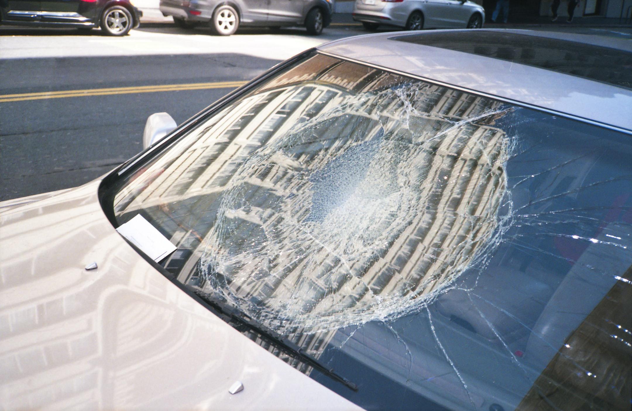 A windshield following a hit and run accident.