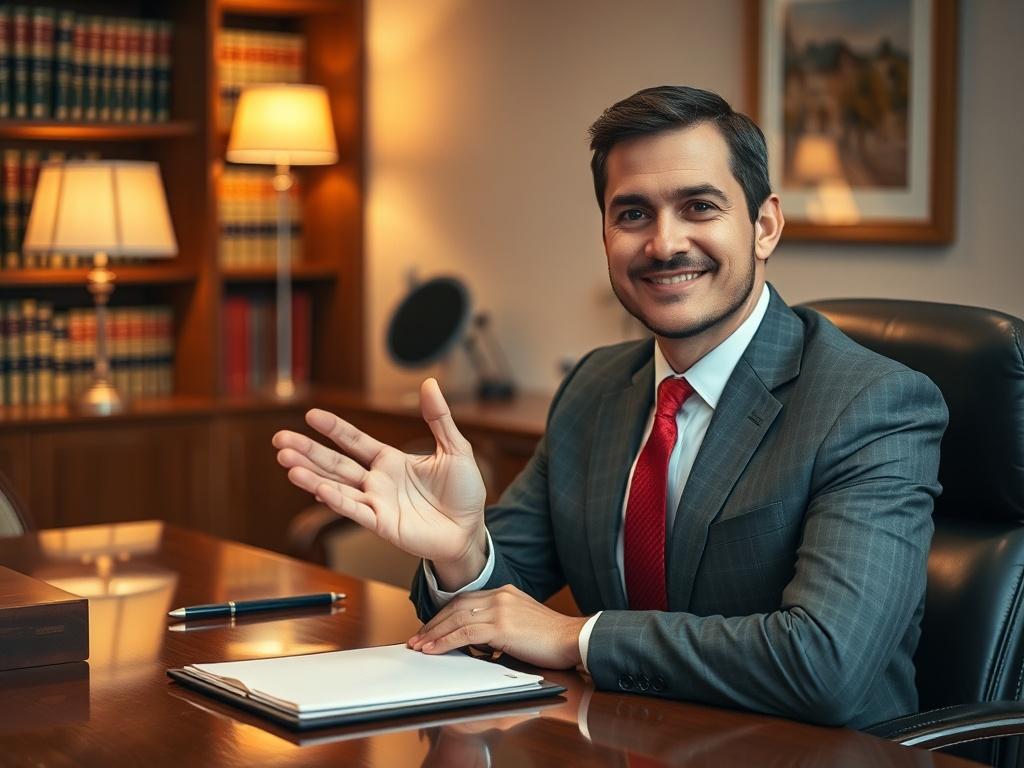 Create a realistic high-resolution photo that captures the essence of seeking a good accident attorney. The composition should be simple and clear, featuring a single subject: a confident, professional attorney in their office setting. The attorney should be seated at a polished wooden desk, wearing a tailored suit, with a friendly yet attentive expression, conveying approachability and expertise. 

In the background, subtly include elements that suggest communication and legal practice, such as a legal boo