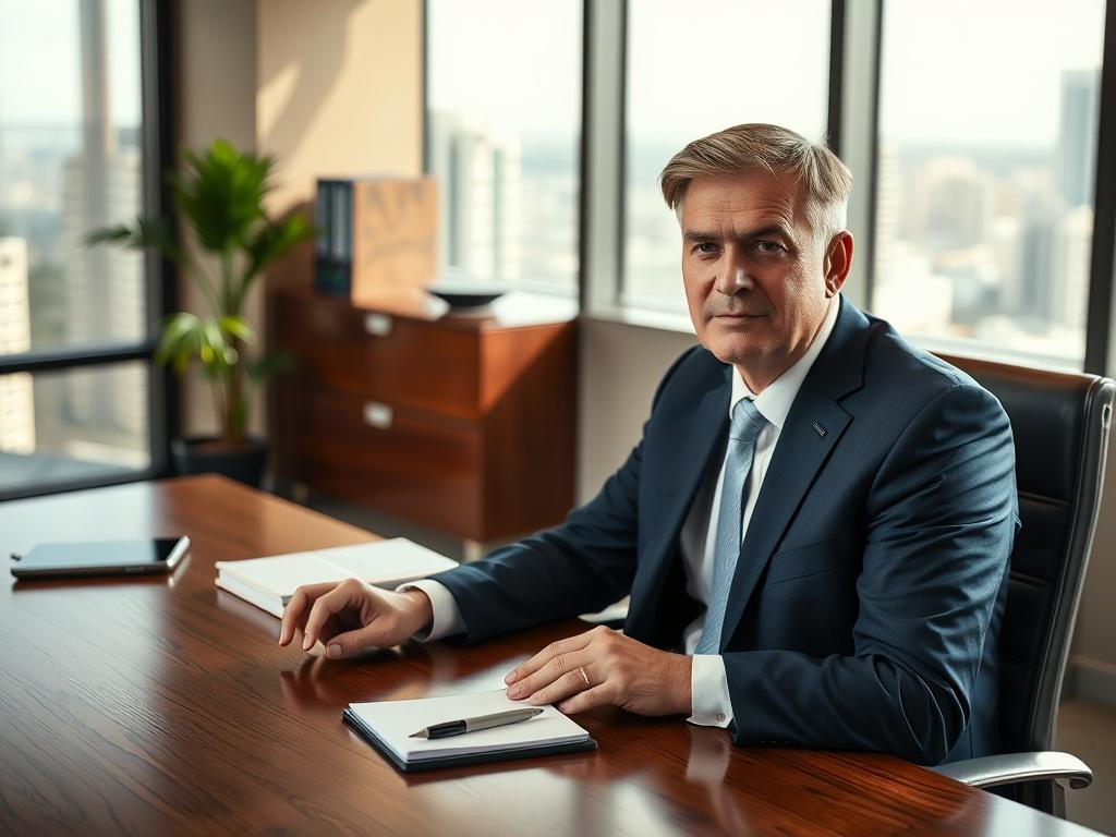 Create a highly realistic high-resolution photo featuring a professional personal injury lawyer in a modern office setting. The lawyer, a middle-aged Caucasian man with neatly combed hair, is sitting at a sleek wooden desk, leaning slightly forward and wearing a tailored navy blue suit. His expression is empathetic and attentive, conveying a sense of care and concern. 

The desk is adorned with a few legal books and a notepad with a pen, suggesting a serious and professional atmosphere. In the background, a