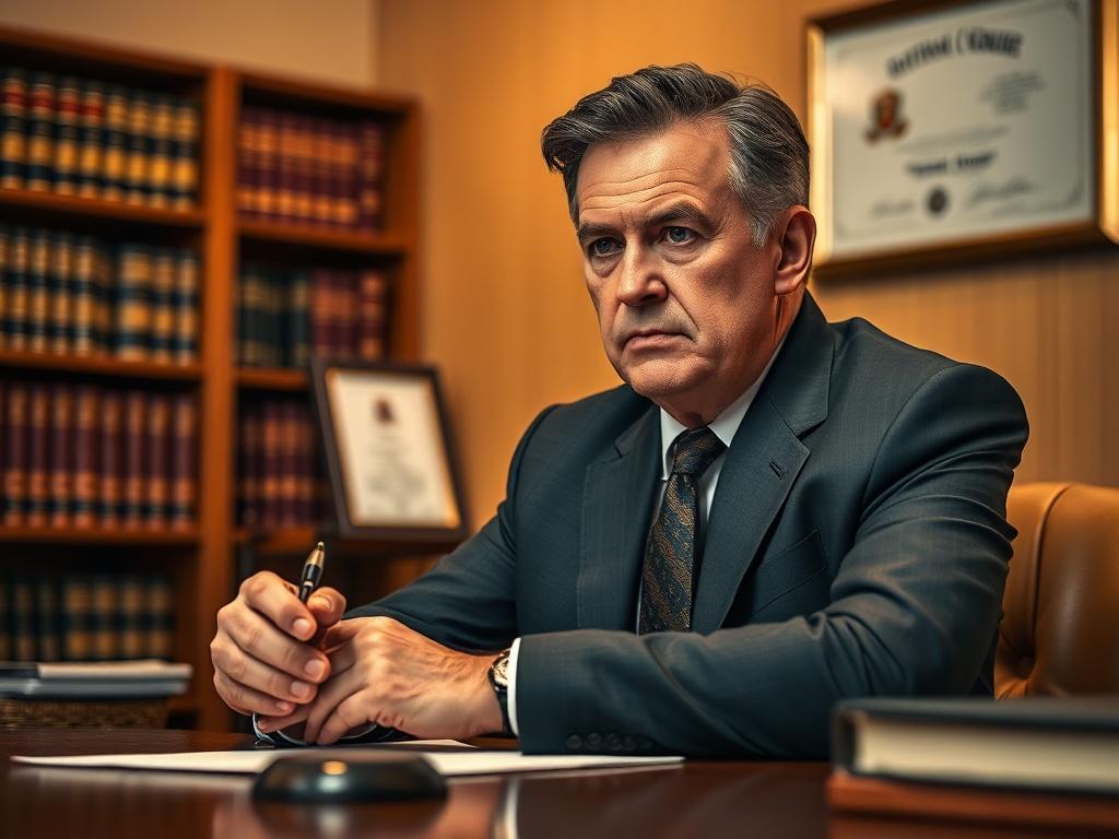 **Prompt for AI Image Generator:**

Create a realistic high-resolution photo featuring a close-up shot of a serious, professional-looking attorney sitting at a wooden desk in a well-lit office environment. The attorney, a middle-aged individual with a thoughtful expression, holds a pen and leans slightly forward, as if engaged in a deep discussion about police force and legal implications. 

In the background, include a blurred bookshelf filled with legal books and a framed certificate on the wall, indicati
