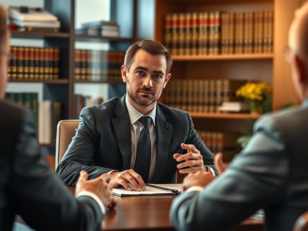 Create a realistic high-resolution photo featuring a confident and empathetic male lawyer sitting at a desk in a warm, inviting office environment. He should be dressed in a professional dark suit, exuding authority and comfort, as he engages with a concerned client across the table. The lawyer's expression should be attentive and reassuring, emphasizing his role as a protector of rights and an advocate for justice.

The background should include shelves filled with law books and legal documents neatly arra