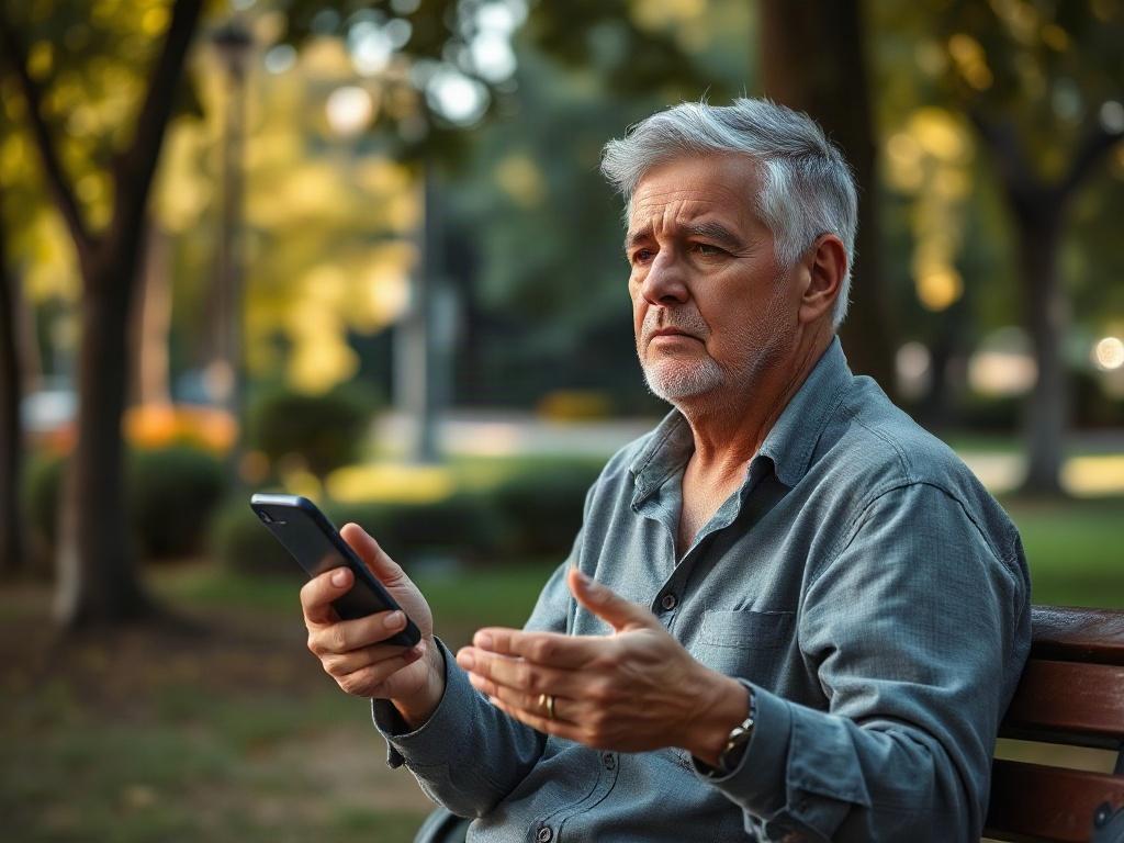 Create a realistic high-resolution image that reflects the theme of personal injury and the importance of timely legal action after an accident. Focus on a close-up shot of a concerned individual, a middle-aged person, sitting on a park bench, looking contemplative. Their expression should convey a mix of relief and concern, representing the moment of feeling fine after an accident but beginning to realize something is amiss.

The individual should wear casual clothing, reflecting a relaxed environment, and