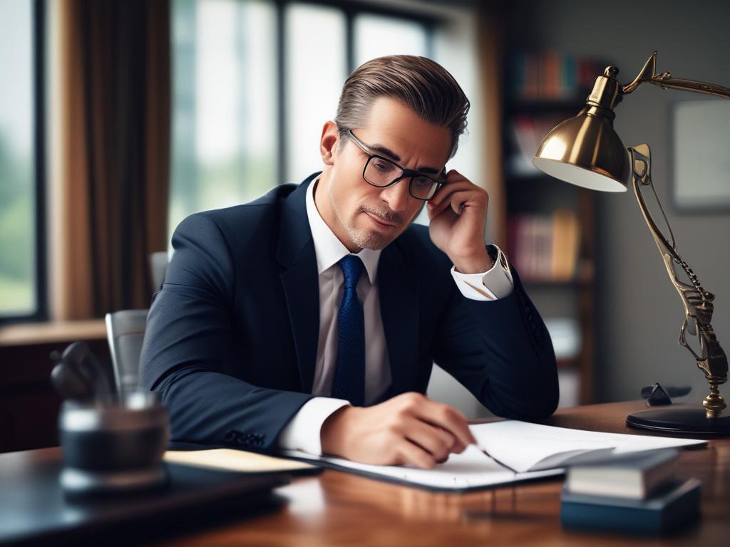 **AI Image Generation Prompt:**

Create a highly detailed, realistic high-resolution close-up image of a personal injury lawyer sitting at a desk in their office, conveying an approachable yet professional demeanor. The lawyer, a middle-aged Hispanic man with salt-and-pepper hair and wearing a tailored navy suit, is engaged in a conversation over the phone, exuding confidence and expertise in handling rideshare accident cases. 

The background should be a well-organized office setting, with bookshelves line