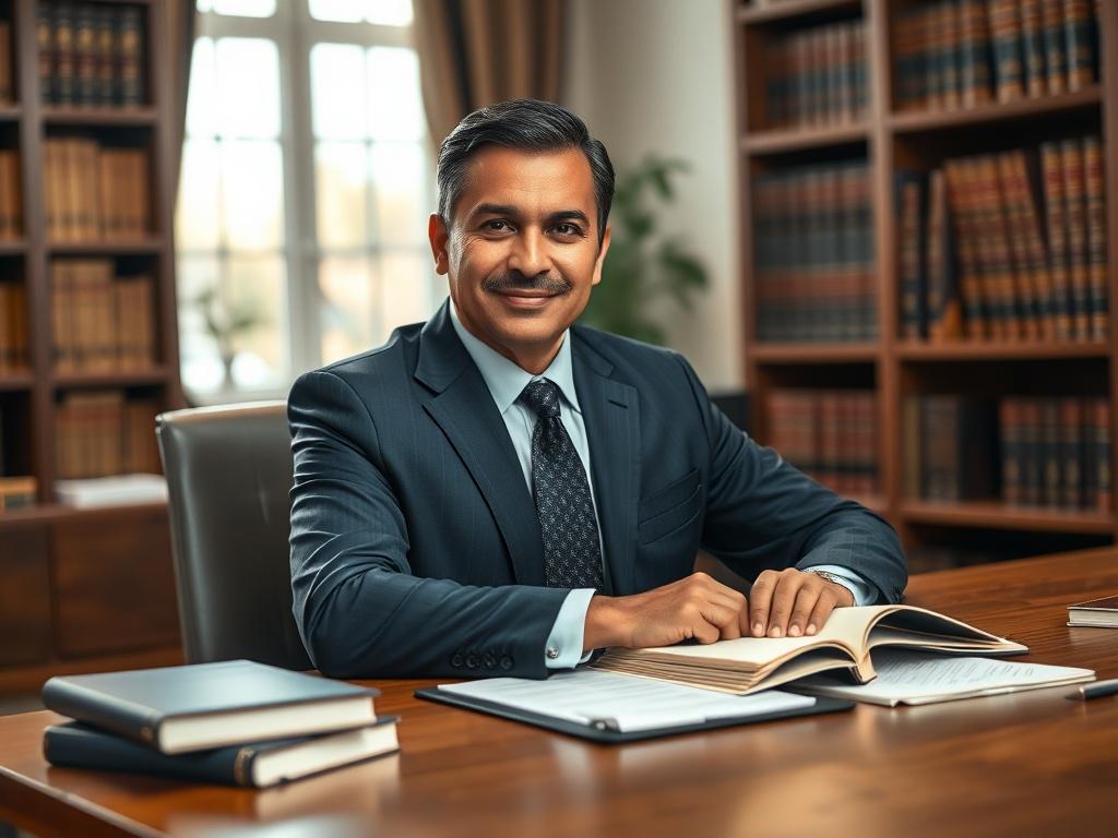 **AI Image Generation Prompt:**

Create a realistic high-resolution photo of a confident criminal lawyer sitting at a wooden desk in an office setting. The lawyer is a middle-aged Hispanic man, dressed in a tailored navy blue suit, presenting a professional demeanor. He is looking directly at the camera with a slight, reassuring smile, conveying trustworthiness and competence. 

On the desk, include a few legal books, a notepad with handwritten notes, and a pen to illustrate the lawyer's preparation. The ba